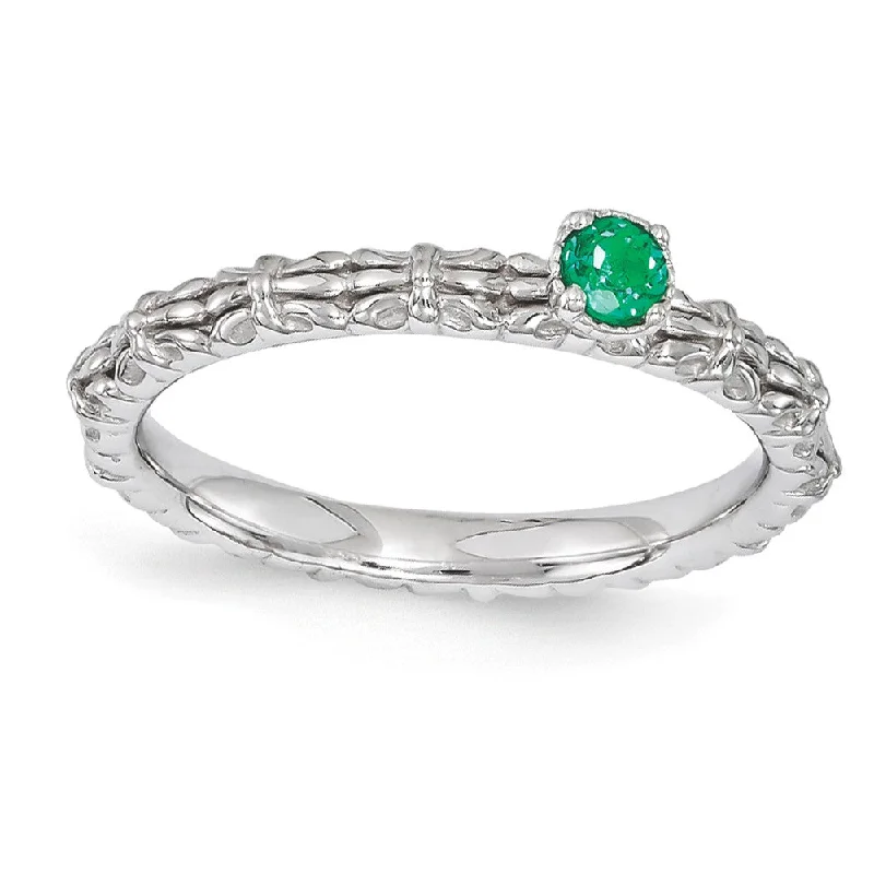 Birthstone Rings for Women-Sterling Silver Stackable Created Emerald Round Single Stone Ring