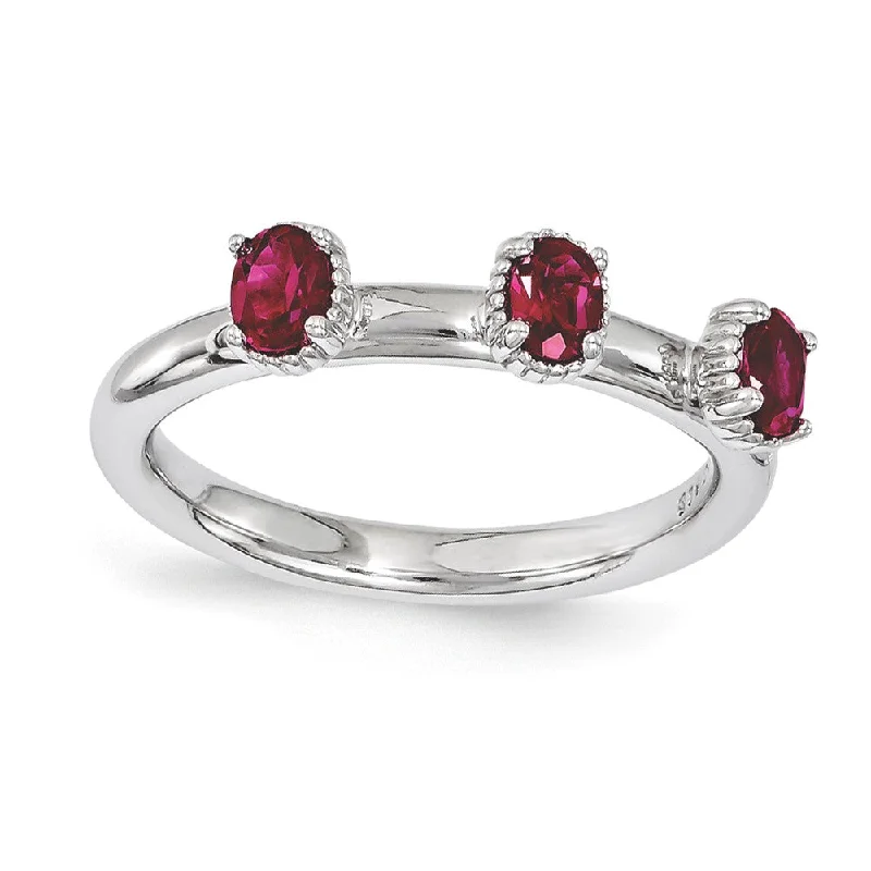 Sparkling Wedding Ring Sets-Sterling Silver Stackable Created Ruby Oval Three Stone Ring