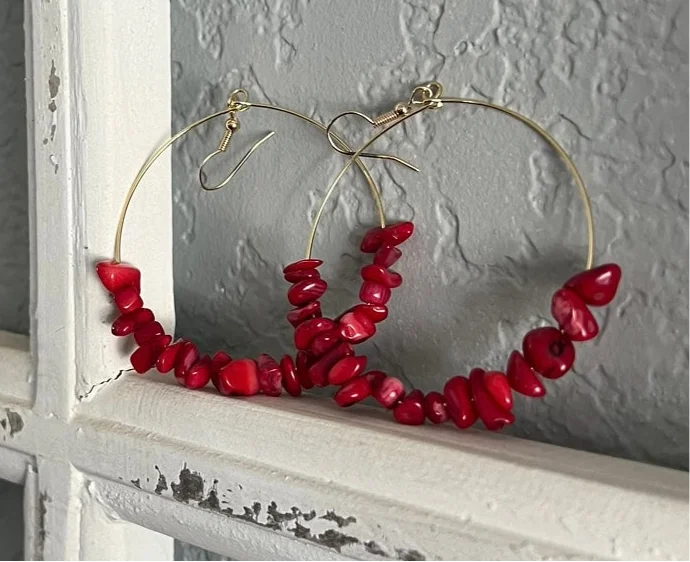 Round Silver Earrings-Beautiful Red Stone Hoop Earrings