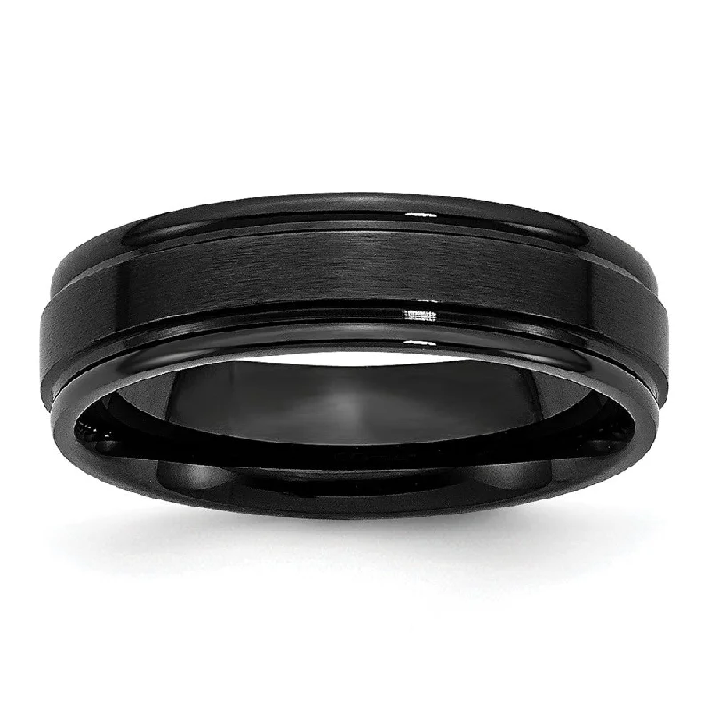 Designer Wedding Bands-6mm Black Plated Stainless Steel Brushed Center Grooved Edges Band