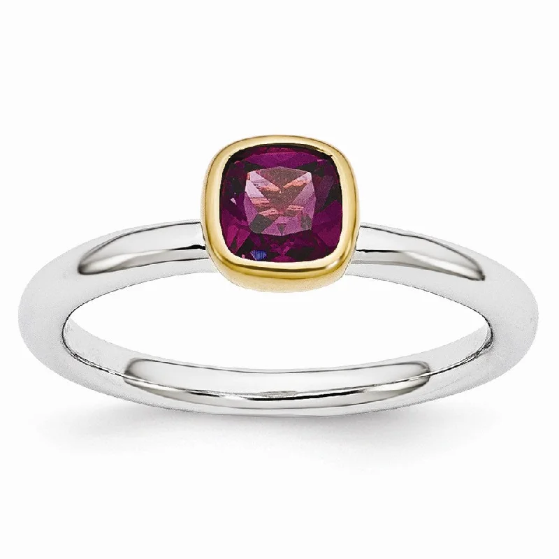 Luxury Engagement Rings-Two Tone Sterling Silver Stackable 5mm Cushion Rhodolite Garnet Ring