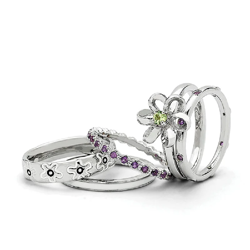 Dainty Silver Rings-Sterling Silver Peridot & Amethyst Floral Dreams Stackable Ring Set