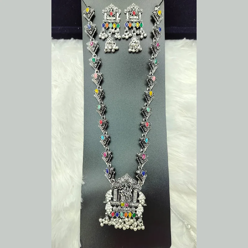 Trendy Silver Chain Necklaces-Manisha Jewellery Oxidised Plated Pota Stone Temple Long Necklace Set