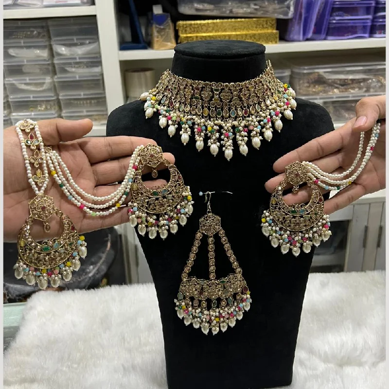 Unique Chain Necklaces-Hira Collections Gold Plated Crystal Stone And Pearls Choker Necklace Set