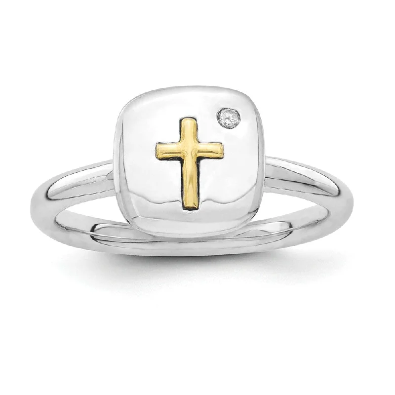 Trendy Rings for Men-Sterling Silver & 14k Gold Cross Stackable .015ct I3 H-I Diamond Ring