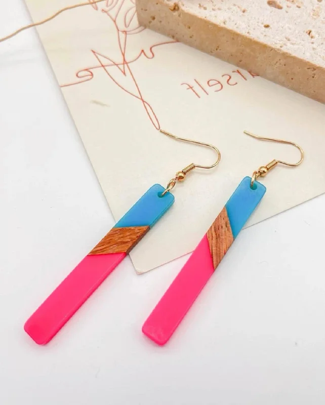 Modern Dangle Earrings-Turquoise and Hot Pink Resin and Wood Bar Earrings