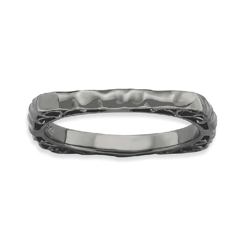 Custom Name Rings-2.25mm Stackable Black Plated Silver Square Hammered Scroll Band