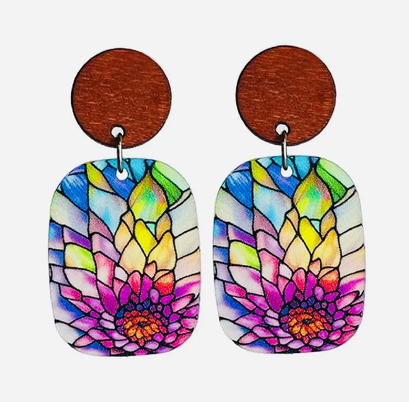 Simple Gold Hoop Earrings-Beautiful Blooming Flower Stained Glass Acrylic Earrings