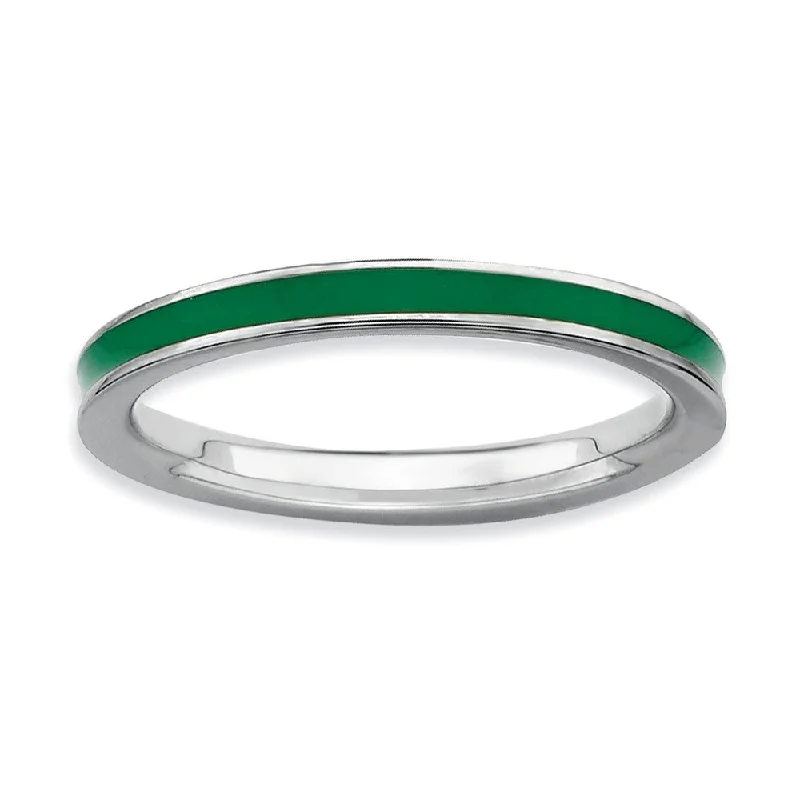 Large Gemstone Rings-2.25mm Sterling Silver Stackable Green Enameled Band