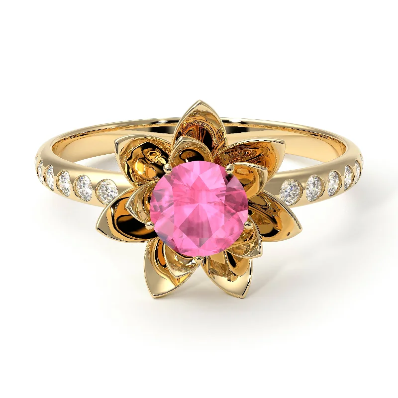 Luxury Wedding Rings for Women-Lotus Flower Pink Moissanite ring - Lotus no. 801