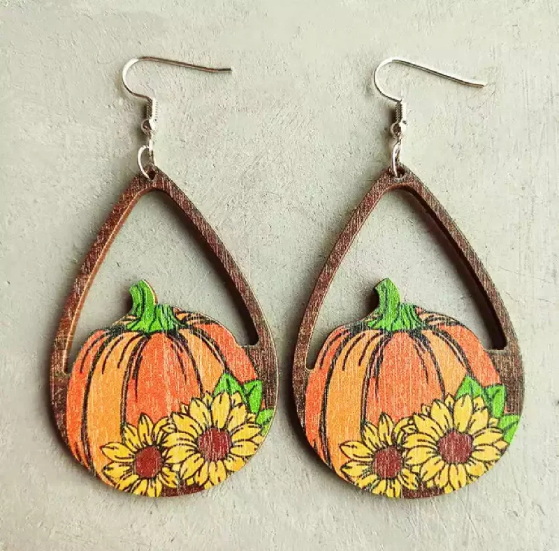 Large Statement Earrings-Wooden Fall Pumpkin Drop Earrings