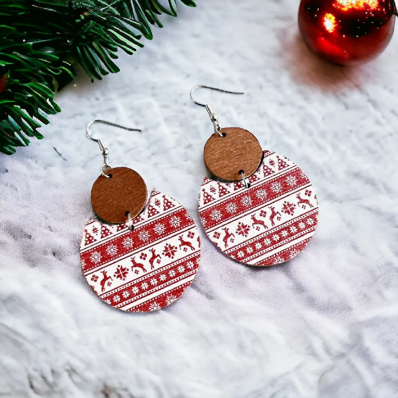 Bold Drop Earrings-Beautiful Red and White Christmas Striped Wooden Earrings