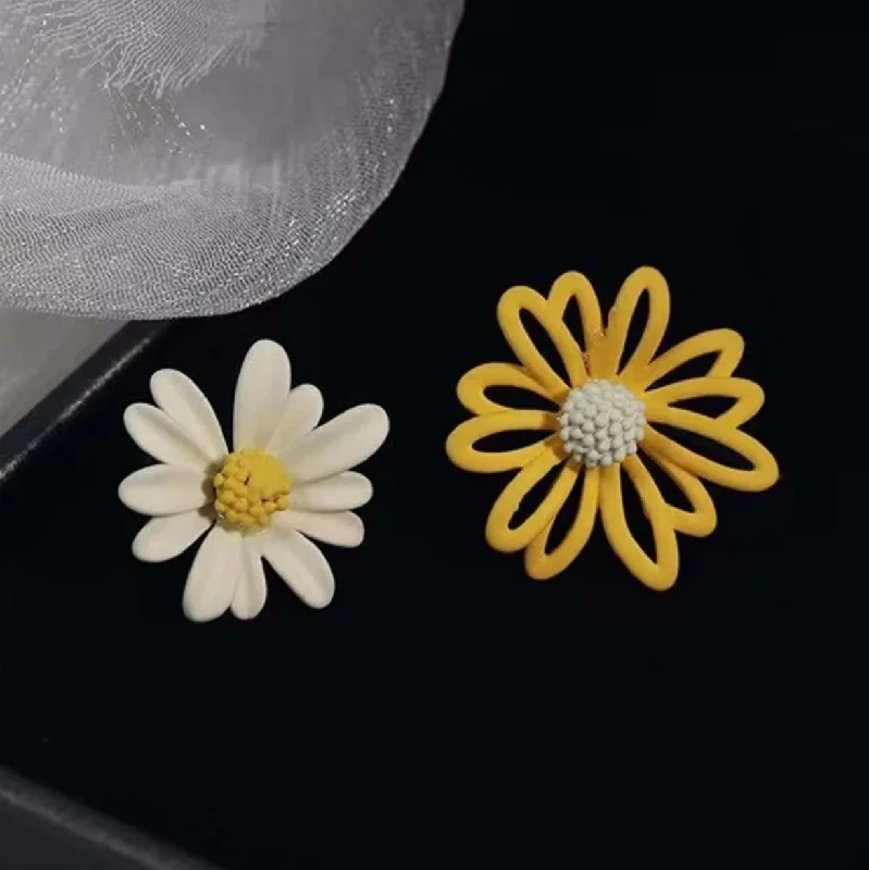 Long Silver Earrings-Beautiful Yellow and White Mismatched Flower Stud Earrings