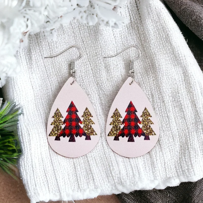 Unique Silver Earrings-Leather Christmas Tree Drop Earrings