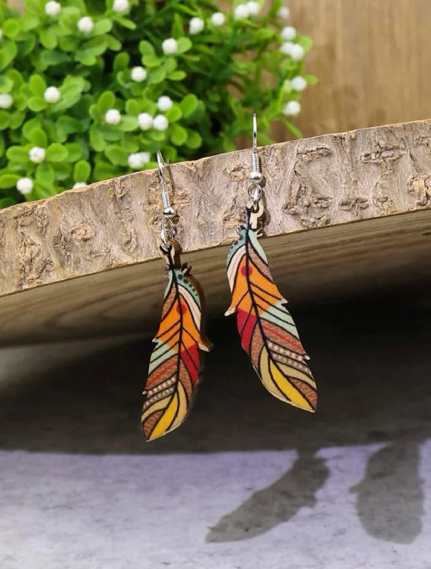 Simple Gold Earrings-Wooden Painted Feather Earrings