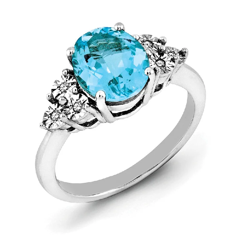 Wedding Bands for Women-Oval Light Blue Topaz & .03 Ctw Diamond Ring in Sterling Silver