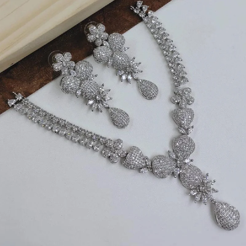 Romantic Crystal Necklaces-SNERA Silver Plated American Diamond Necklace Set