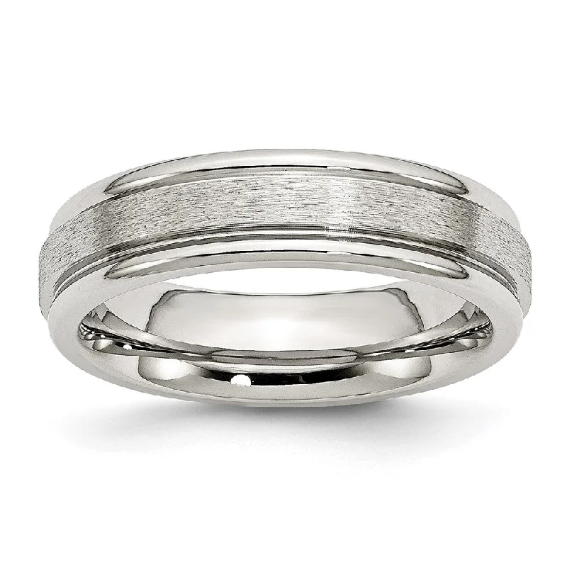 Elegant Diamond Wedding Bands-6mm Stainless Steel Brushed Center Polished Grooved Edge Band