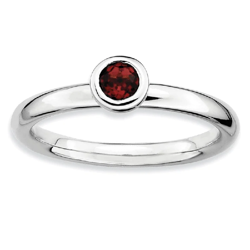 Wedding Ring Bands for Women-Sterling Silver & Garnet Stackable Low Profile 4mm Solitaire Ring