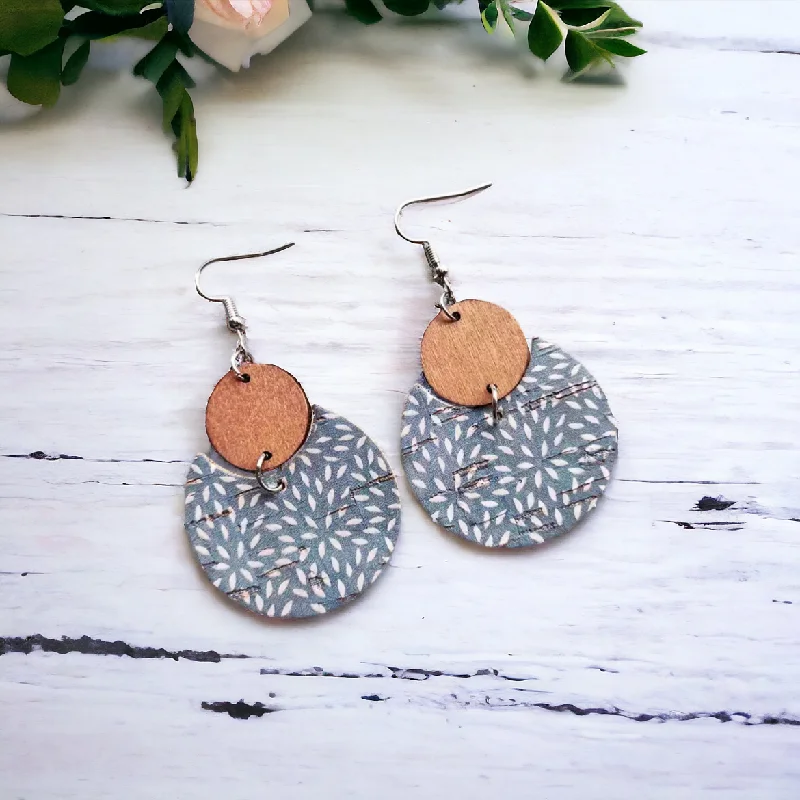 Large Dangle Earrings-Round Air Force Blue Wood and Cork Earrings