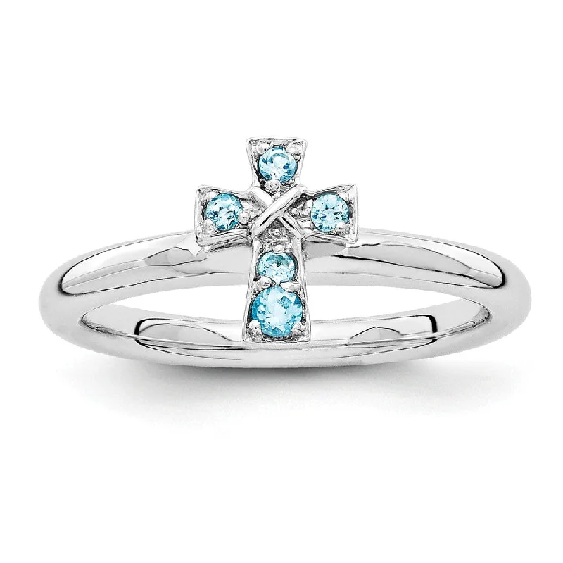 Custom Silver Rings-Rhodium Plated Sterling Silver Stackable Blue Topaz 9mm Cross Ring