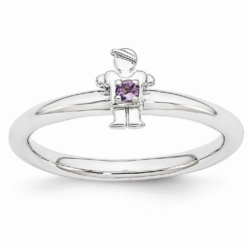 Personalized Gemstone Wedding Rings-Rhodium Plated Sterling Silver Stackable Amethyst 7mm Boy Ring