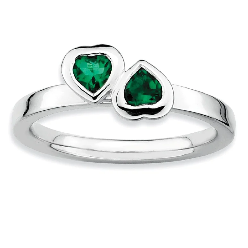 Personalized Engagement Ring Sets-Sterling Silver Stackable Double Heart Created Emerald Ring