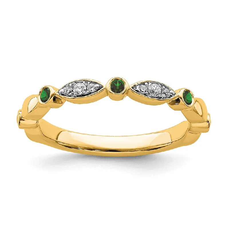 Men’s Custom Rings-14k Yellow Gold Created Emerald & .05 Ctw Diamond Stackable Band