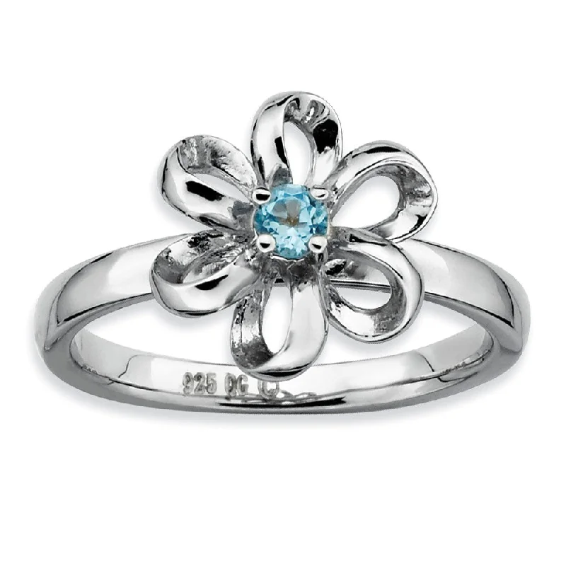 Customizable Wedding Bands-Silver Stackable 12mm 1/10 Carat Blue Topaz Flower Ring