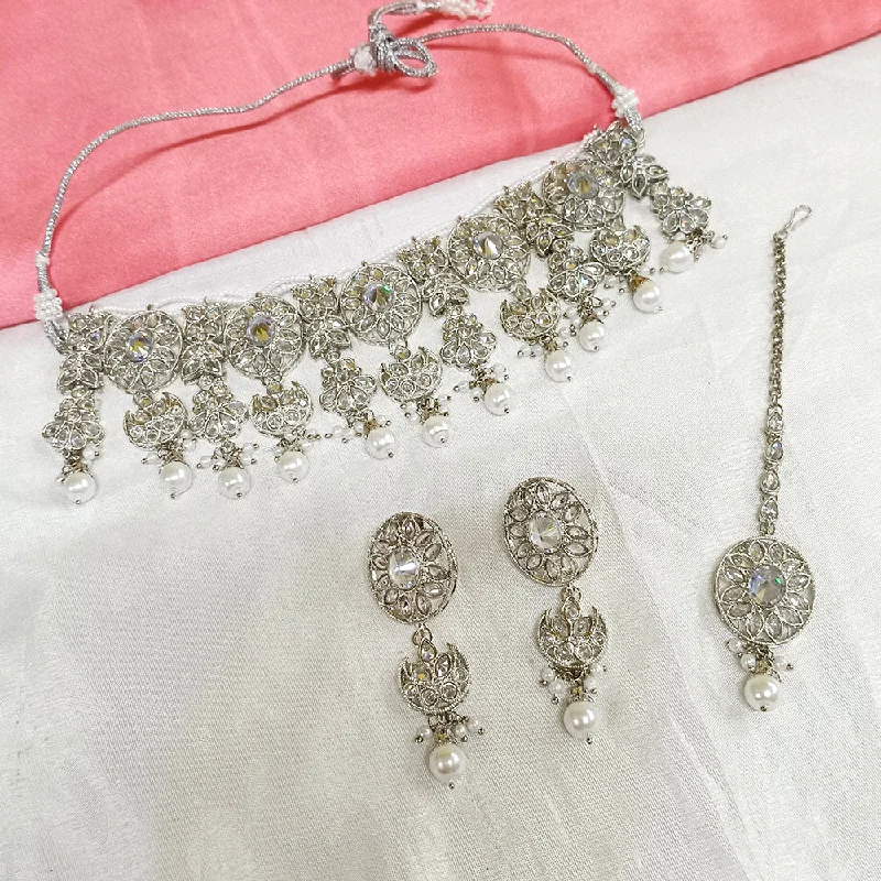 Statement Chain Necklaces-Darshana Jewels Sliver Plated Crystal Stone Choker Necklace Set