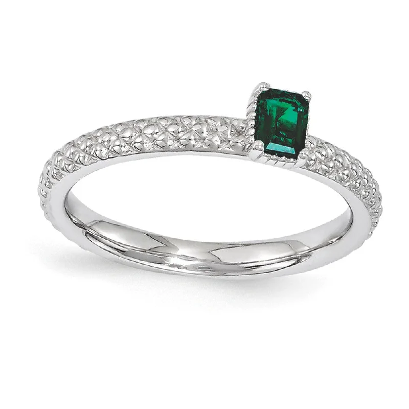 Bridal Engagement Rings-Sterling Silver Stackable Created Emerald Octagon Solitaire Ring