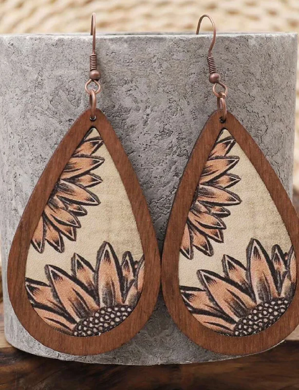 Colorful Earrings for Weddings-Western Style Wooden Sunflower Tear Drop Earrings