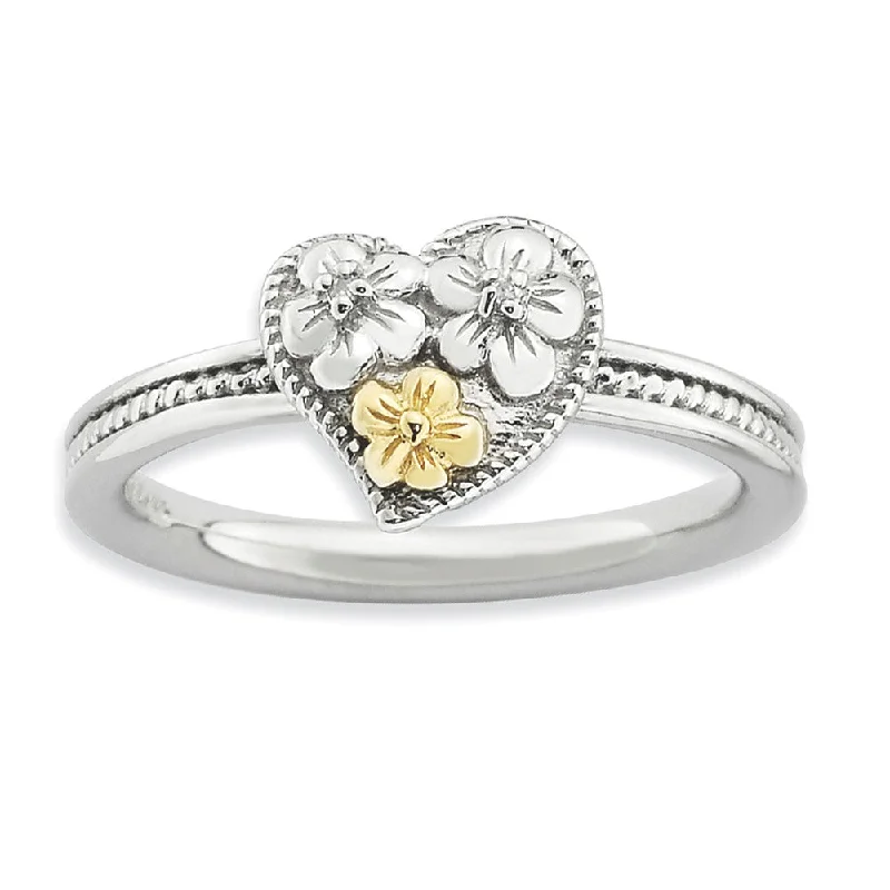 Fashionable Gemstone Wedding Rings-Sterling Silver, 14k Gold Plated & Diamond 9mm Floral Heart Stack Ring