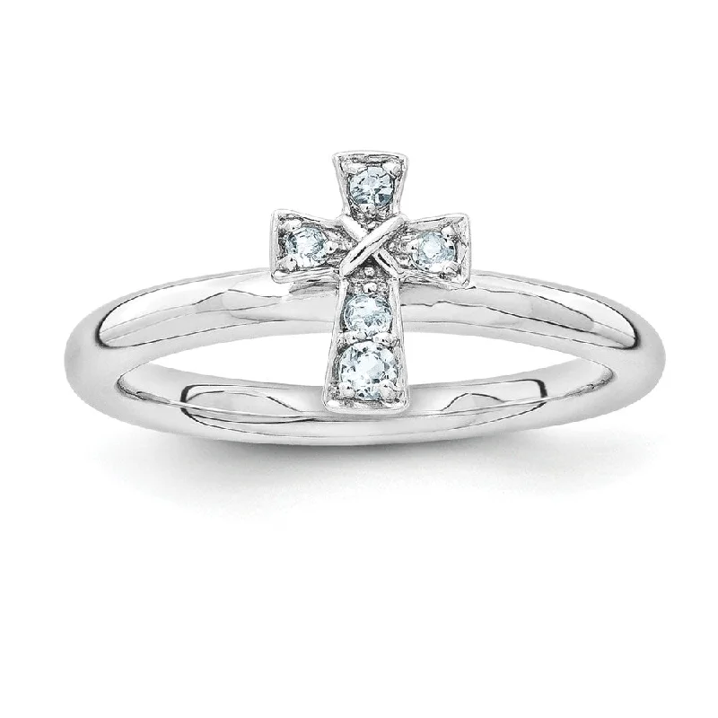 Stylish Gemstone Rings-Rhodium Plated Sterling Silver Stackable Aquamarine 9mm Cross Ring