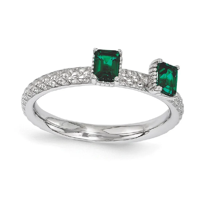 Unique Solitaire Rings-Sterling Silver Stackable Created Emerald Octagon Two Stone Ring