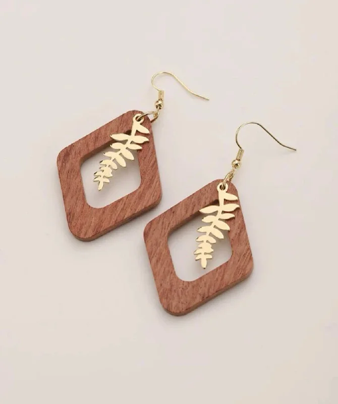 Fine Gold Earrings-Beautiful Leaf and Wooden Geometric Drop Earrings