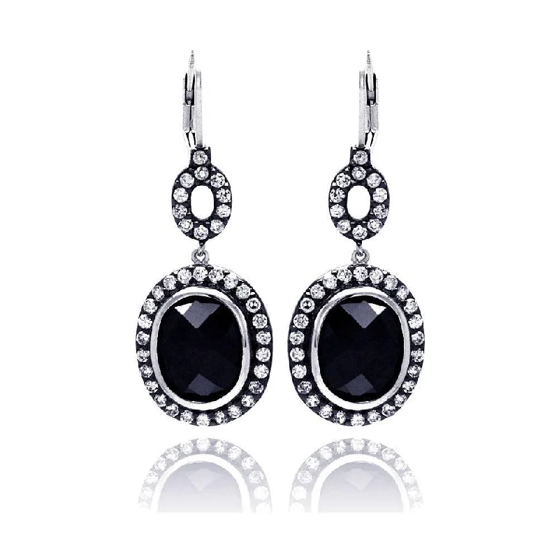 Oval Dangle Earrings-Clearance-Silver 925 Rhodium Plated Black Round CZ Dangling Earrings - STE00534