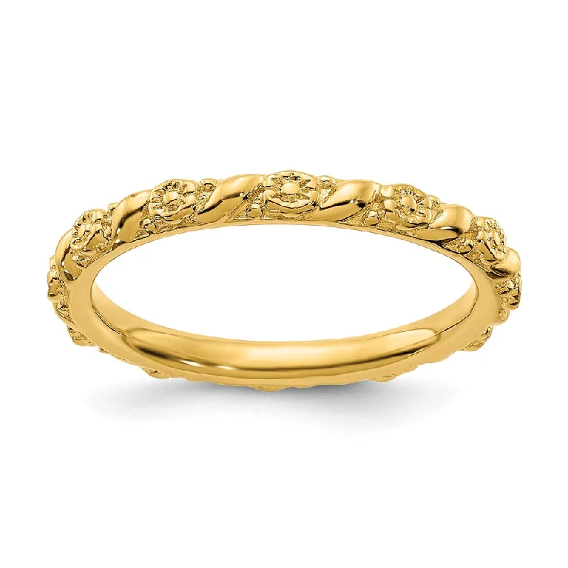 Classic Gold Rings-2mm Sterling Silver 14k Yellow Gold Plated Stackable Flower Band