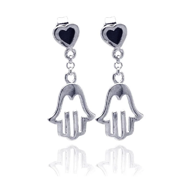 Statement Gemstone Earrings-Silver 925 Rhodium Plated Black Heart CZ Open Hand Wire Dangling Earrings - STE00776