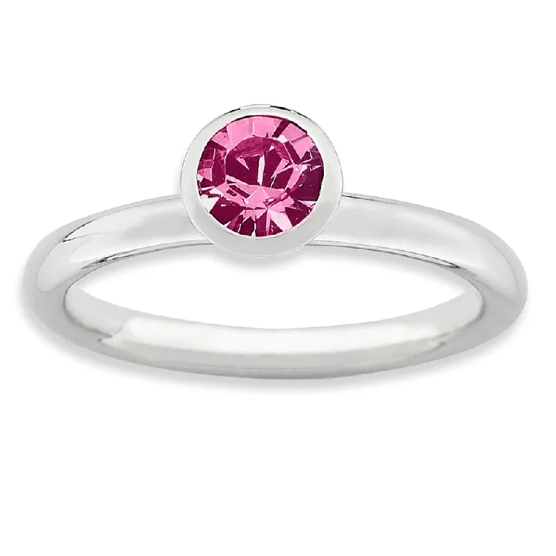 Elegant Engagement Rings-5mm High Profile Sterling Silver w/ Pink Crystals Stack Ring