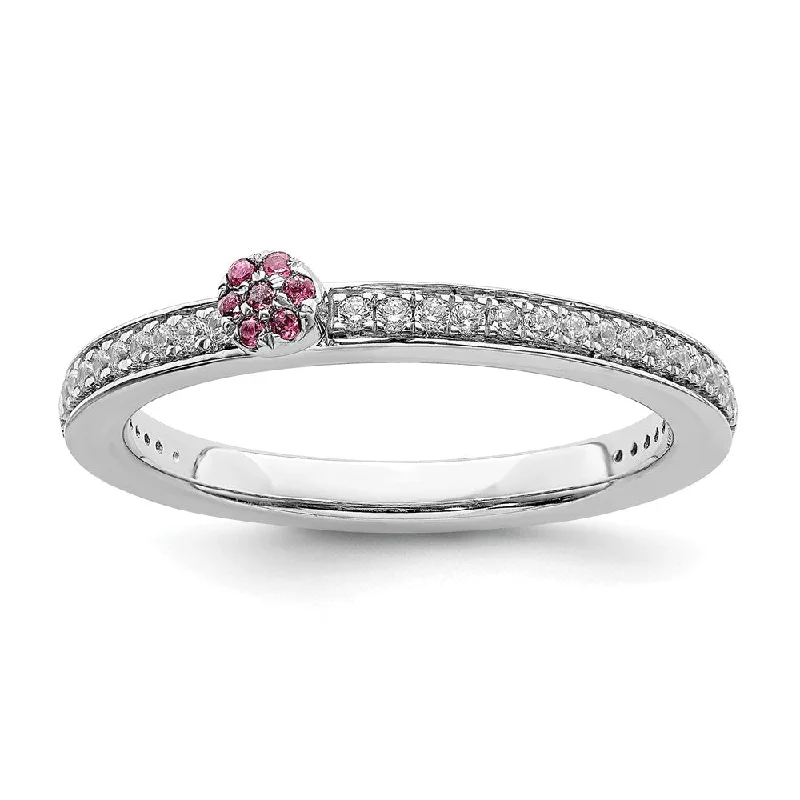 Designer Wedding Ring Sets-14k White Gold, Pink Tourmaline & 1/8 Ctw Diamond Stackable Ring