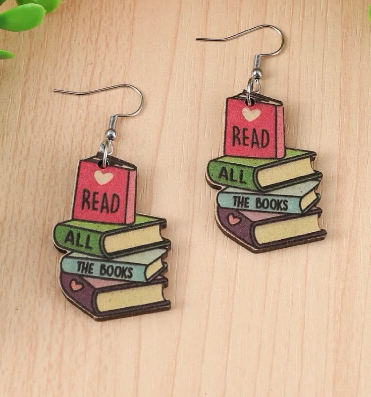 High-Quality Gold Earrings-Wooden "Read All The Books" Drop Earrings