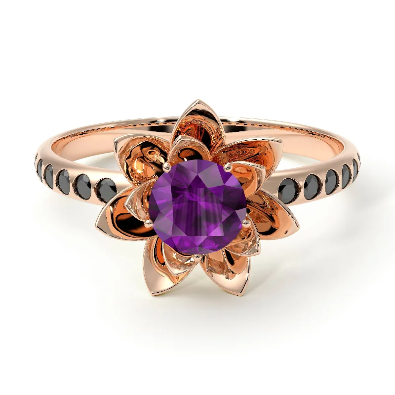 Trendy Silver Rings-Lotus Flower Amethyst ring - Lotus no. 305