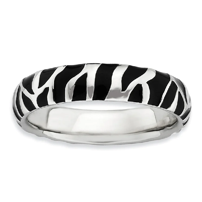 Colorful Wedding Rings-4.5mm Silver and Enamel Stackable Animal Black Print Band