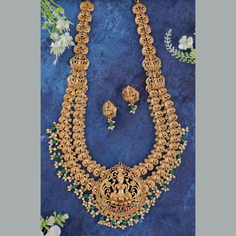 Beautiful Gold Choker Necklaces-Sangita Creation  Copper Gold  Pota Stone Temple Long  Necklace Set