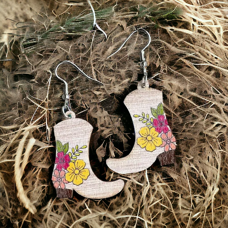 Sparkling Hoop Earrings-Wooden Floral Cowboy Boot Drop Earrings