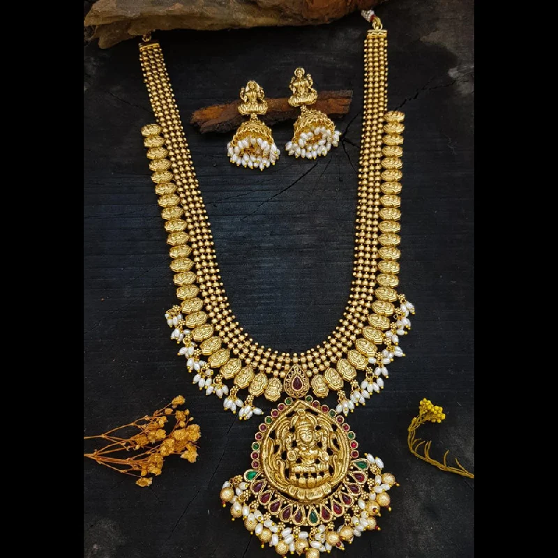 Heart-Shaped Diamond Necklaces-Sangita Creation  Copper Gold  Pota Stone Temple Long  Necklace Set