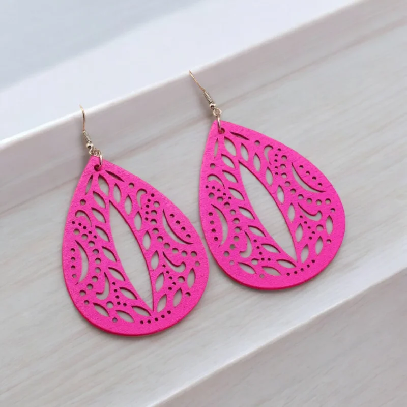 Luxury Gold Earrings-Hot Pink Hollow Out Wooden Earrings