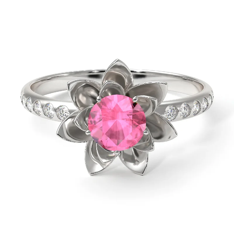 Unique Solitaire Rings-Lotus Flower Pink Moissanite ring - Lotus no. 803