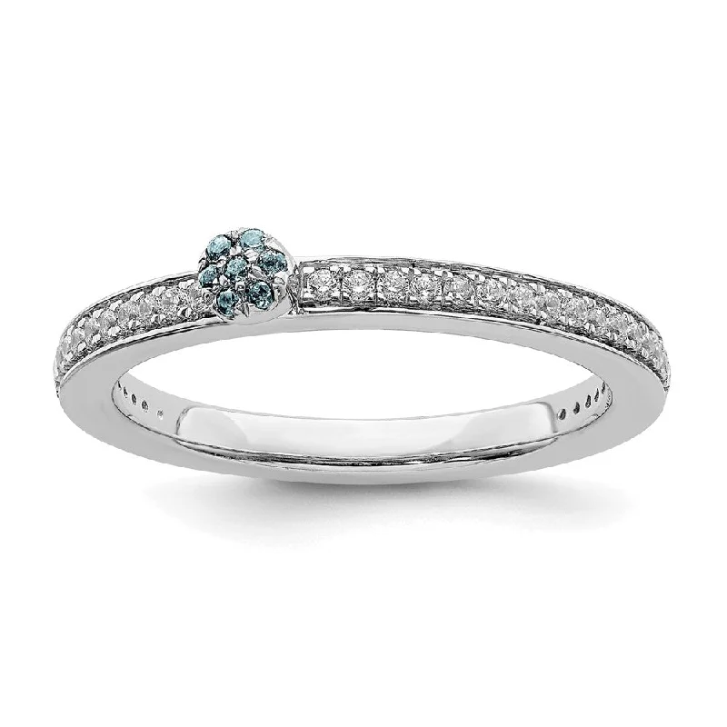 Elegant Silver Wedding Bands-14k White Gold, Aquamarine & 1/8 Ctw Diamond Stackable Ring